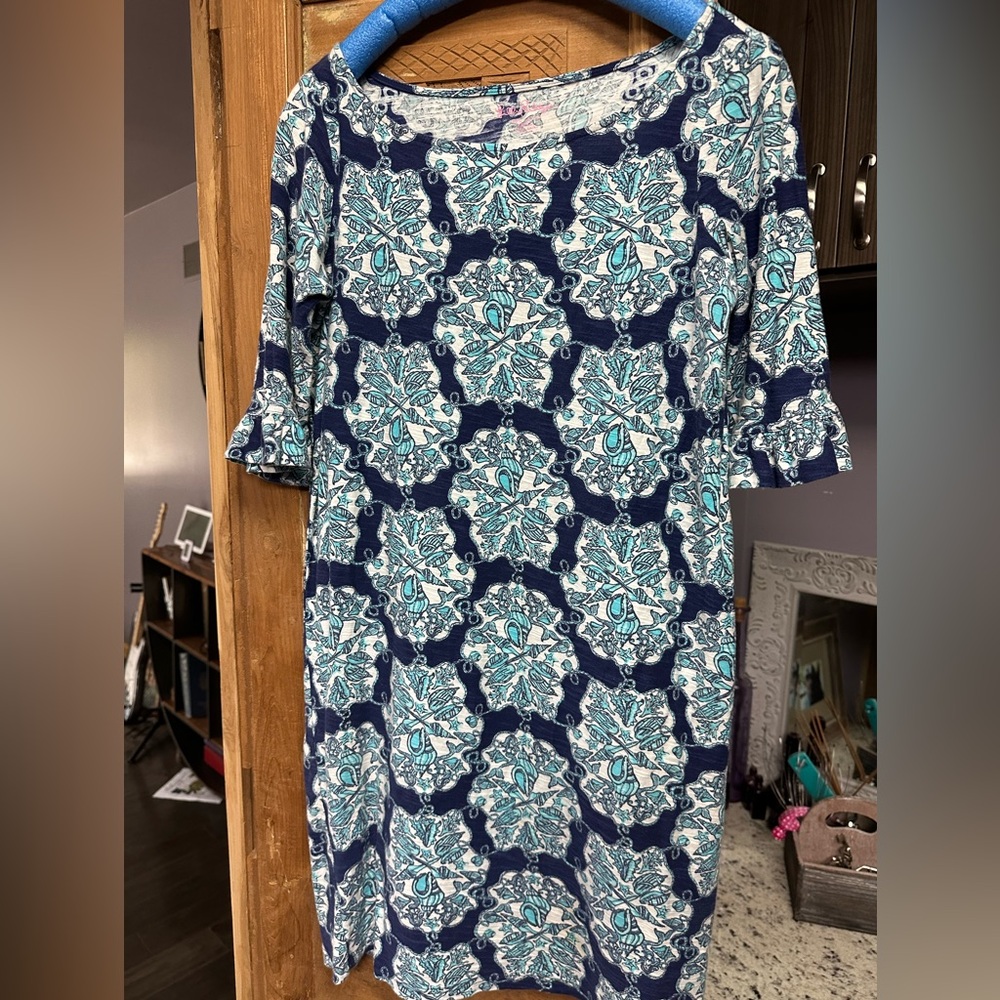 Lily Pulitzer navy blue turquoise white 3/4 sleeve dress 100% super soft cotton*
